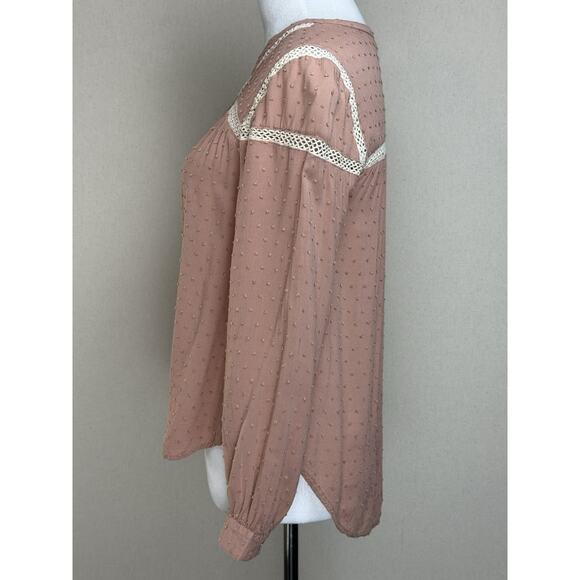 APEACH Women’s Top Blouse Sz Small Mauve Textured Lace Trim Long Sleeve Peasant - Picture 8 of 14